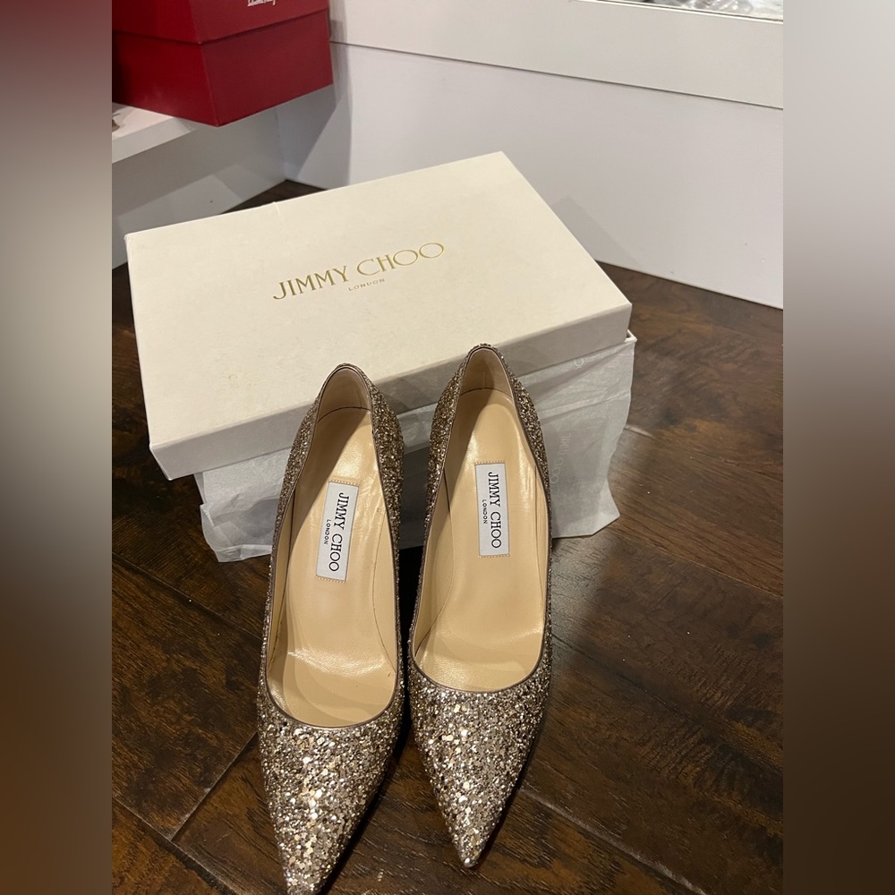 Jimmy Choo gold glitter pumps